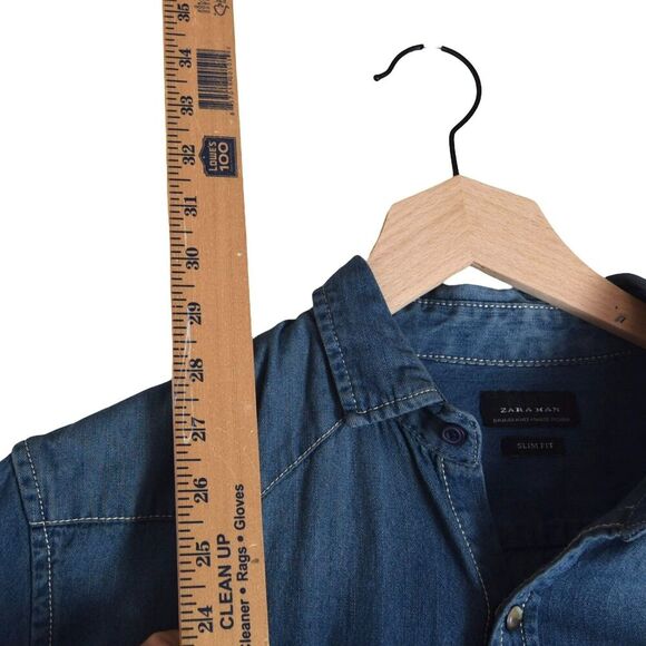 Zara Man Slim Fit Western Denim Shirt Size M Snap Front Long Sleeve Blue Cowboy - Picture 7 of 7